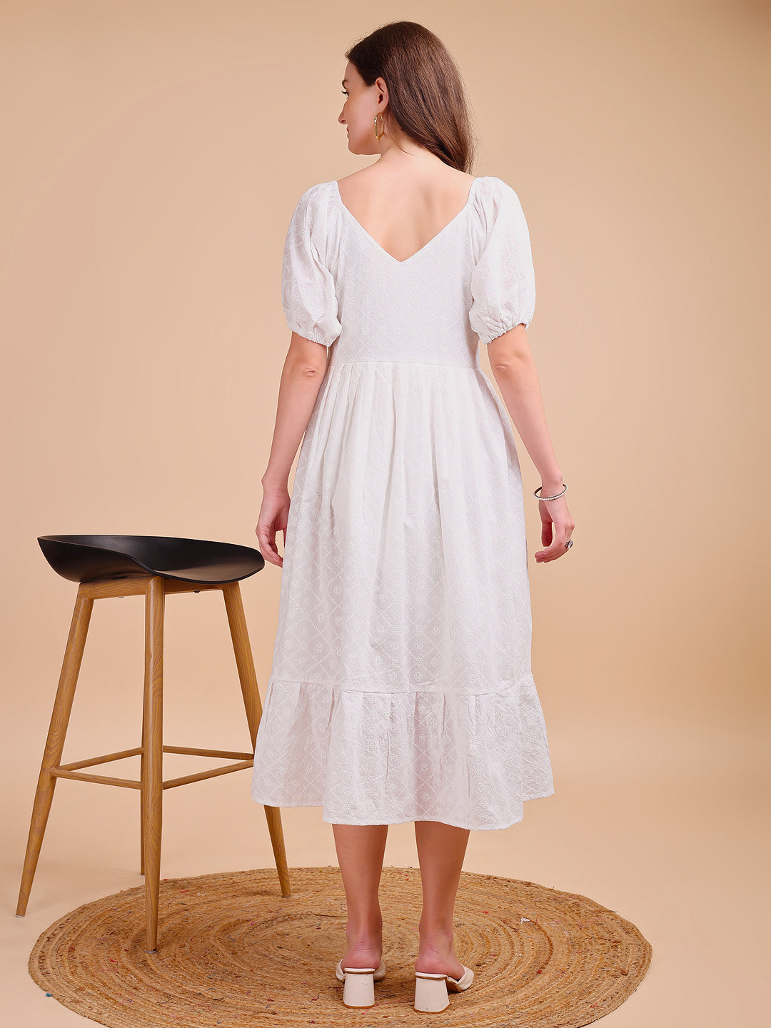 Schiffli V-Neckline Long Onepiece Dress