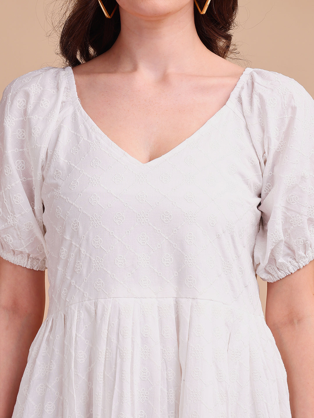 Schiffli V-Neckline Long Onepiece Dress