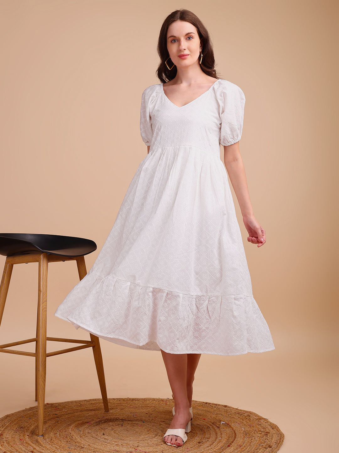 Schiffli V-Neckline Long Onepiece Dress