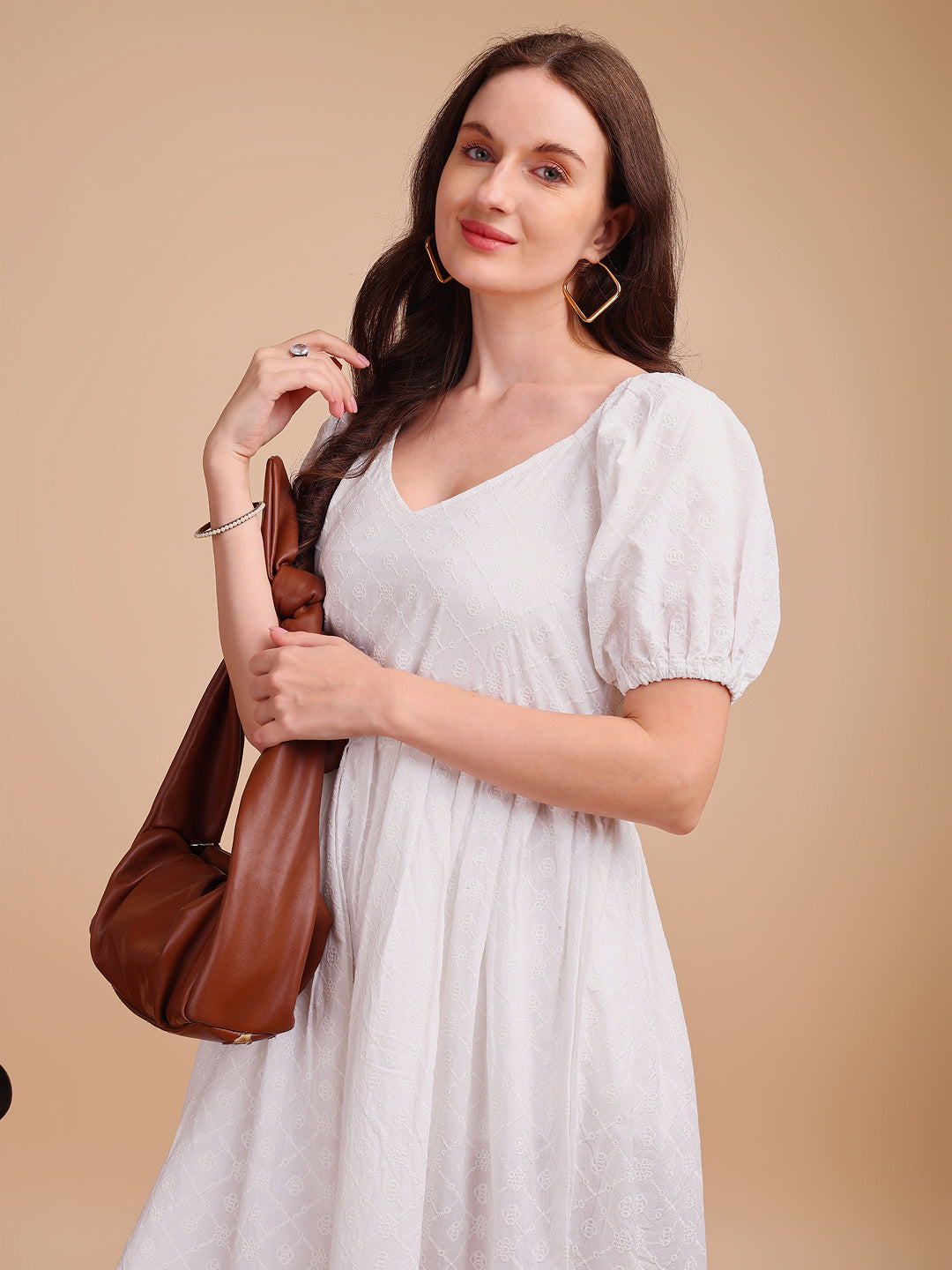 Schiffli V-Neckline Long Onepiece Dress