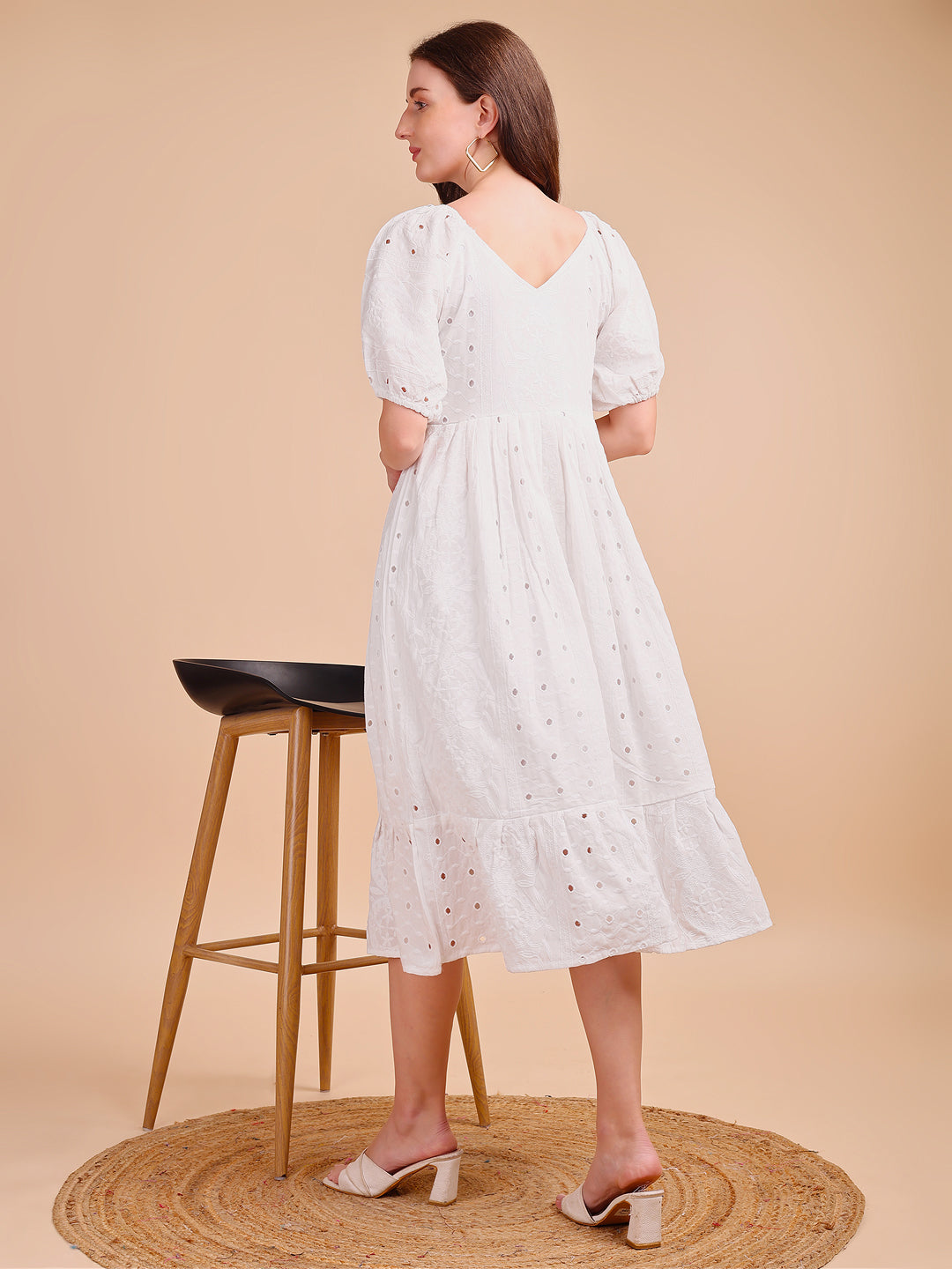 Schiffli V-Neckline Long Onepiece Dress