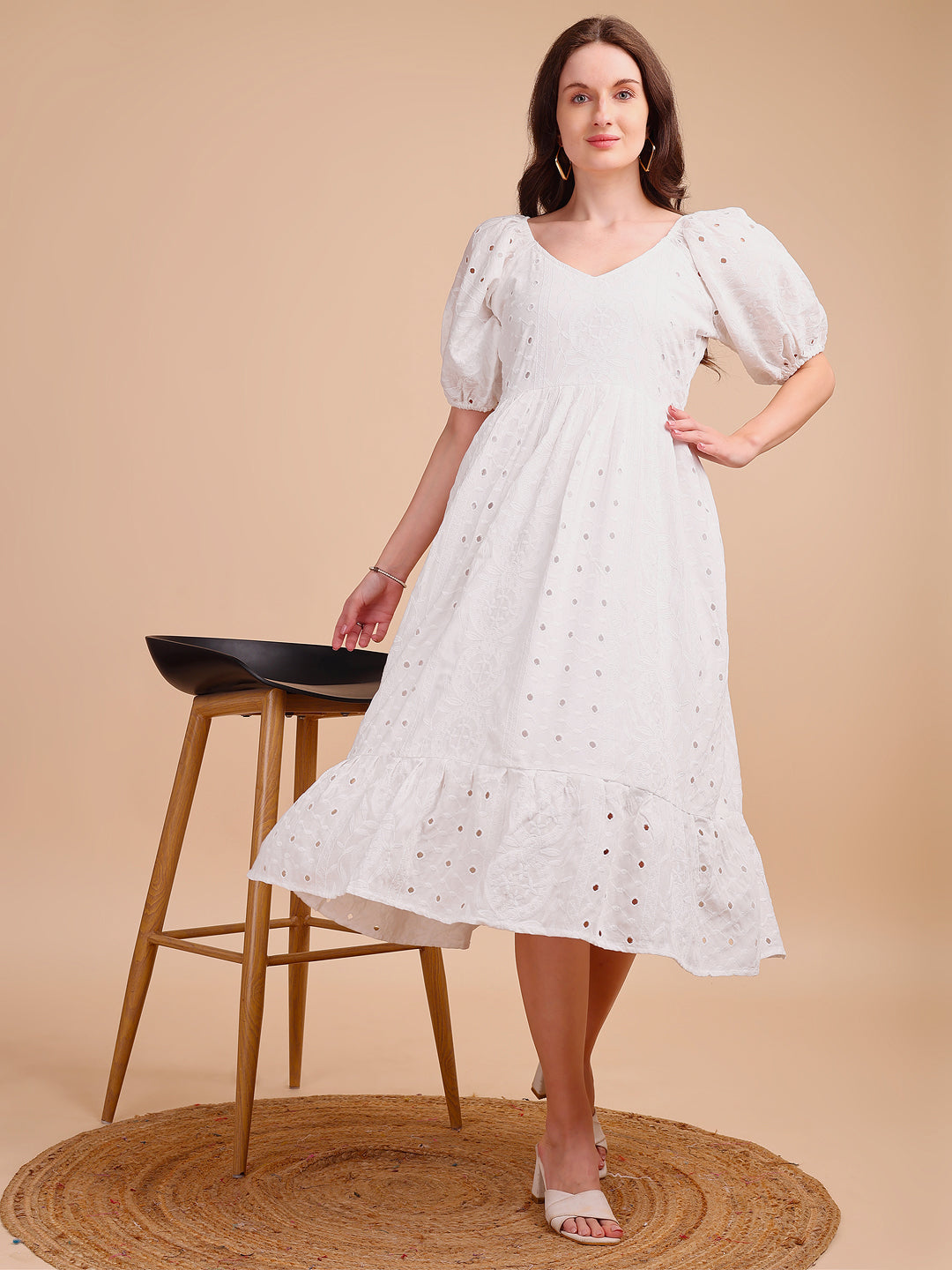 Schiffli V-Neckline Long Onepiece Dress