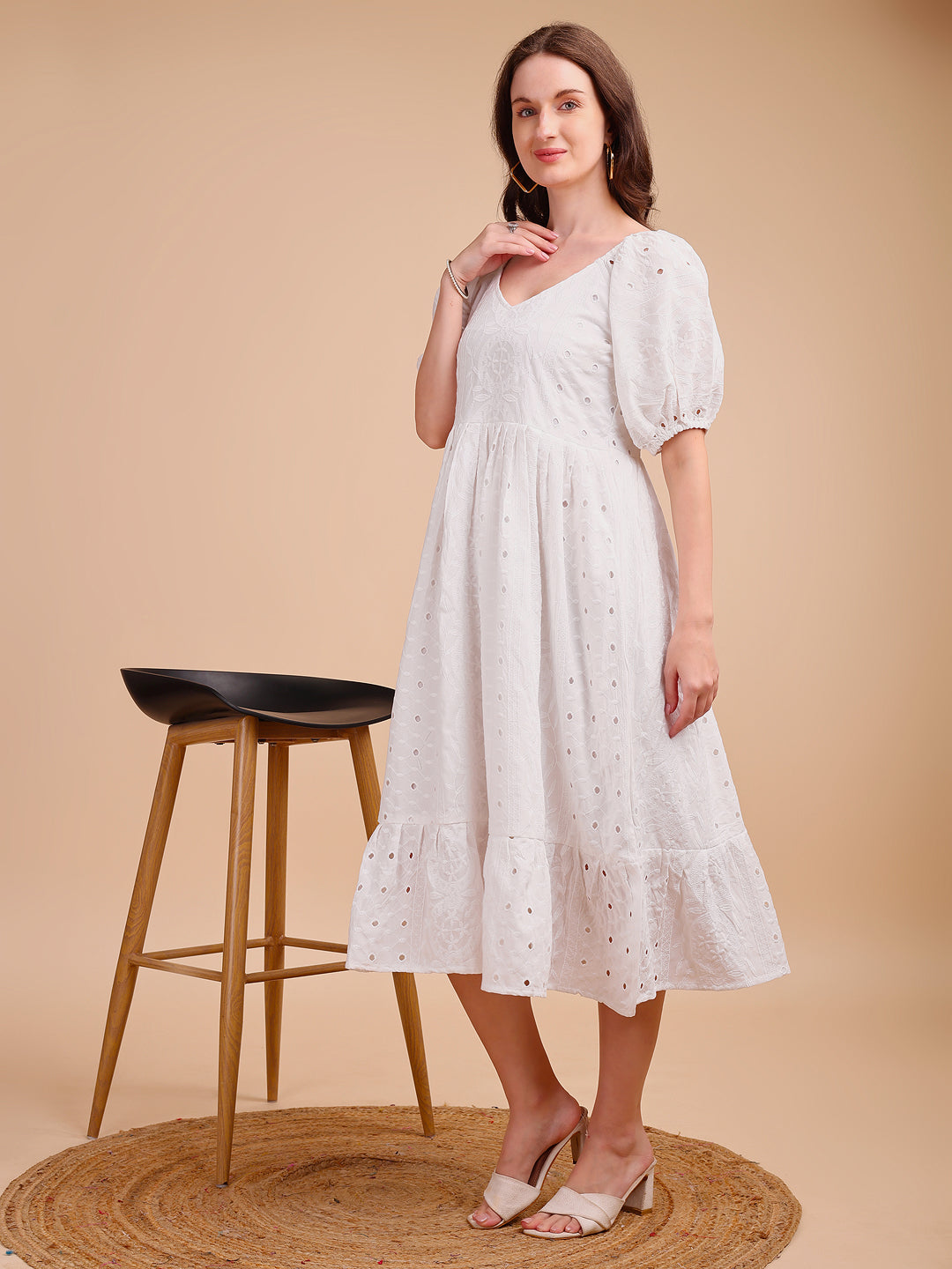 Schiffli V-Neckline Long Onepiece Dress