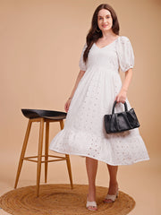 Schiffli V-Neckline Long Onepiece Dress