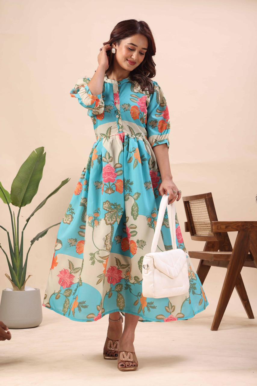 Aqua Bloom Midi Dress