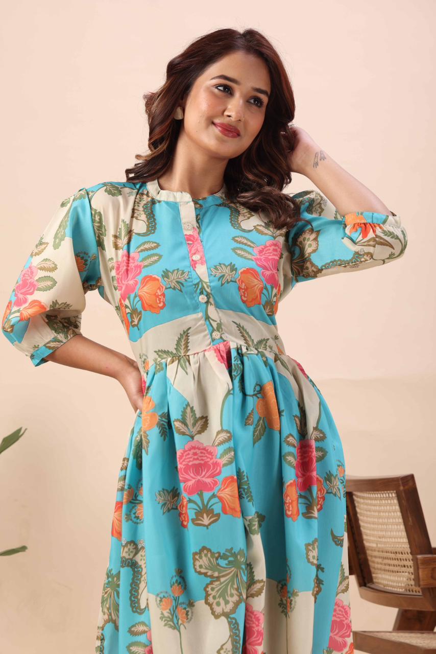 Aqua Bloom Midi Dress