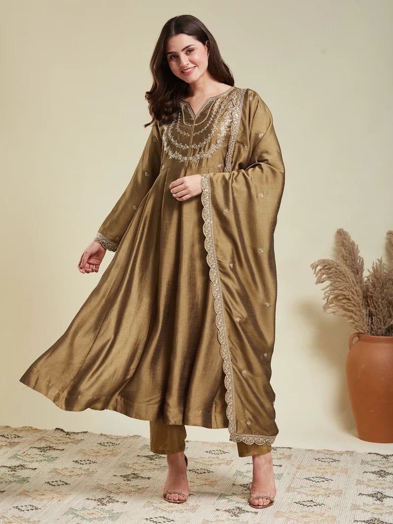 Gold Embroidered Silk Blend Anarkali Kurta With Dupatta Set