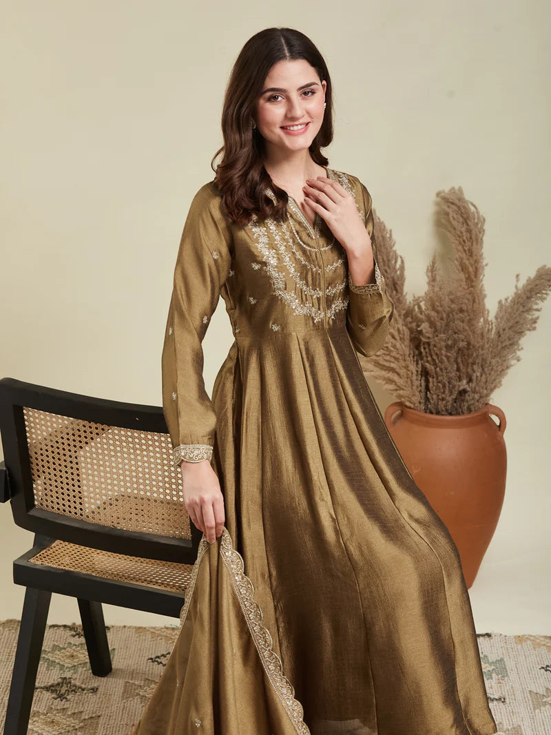 Gold Embroidered Silk Blend Anarkali Kurta With Dupatta Set