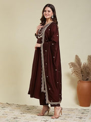 Maroon Embroidered Silk Blend Anarkali Kurta With Dupatta Set