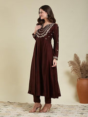 Maroon Embroidered Silk Blend Anarkali Kurta With Dupatta Set