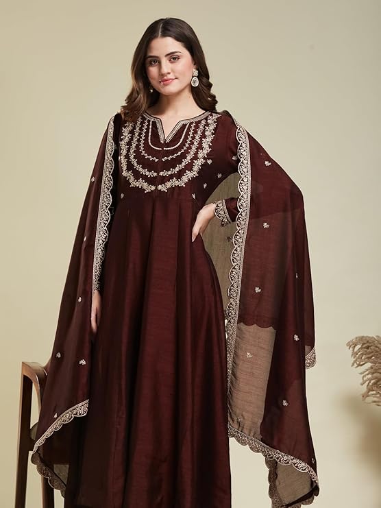 Maroon Embroidered Silk Blend Anarkali Kurta With Dupatta Set