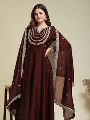 Maroon Embroidered Silk Blend Anarkali Kurta With Dupatta Set