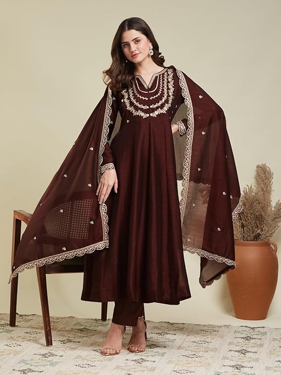 Maroon Embroidered Silk Blend Anarkali Kurta With Dupatta Set