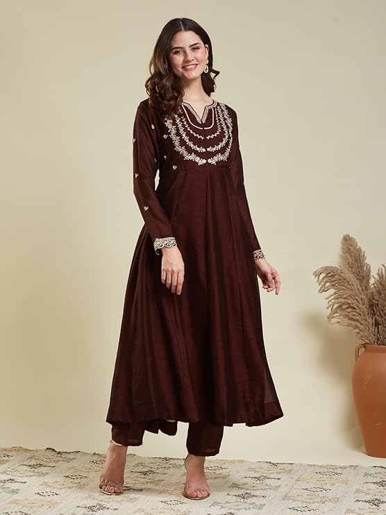 Maroon Embroidered Silk Blend Anarkali Kurta With Dupatta Set